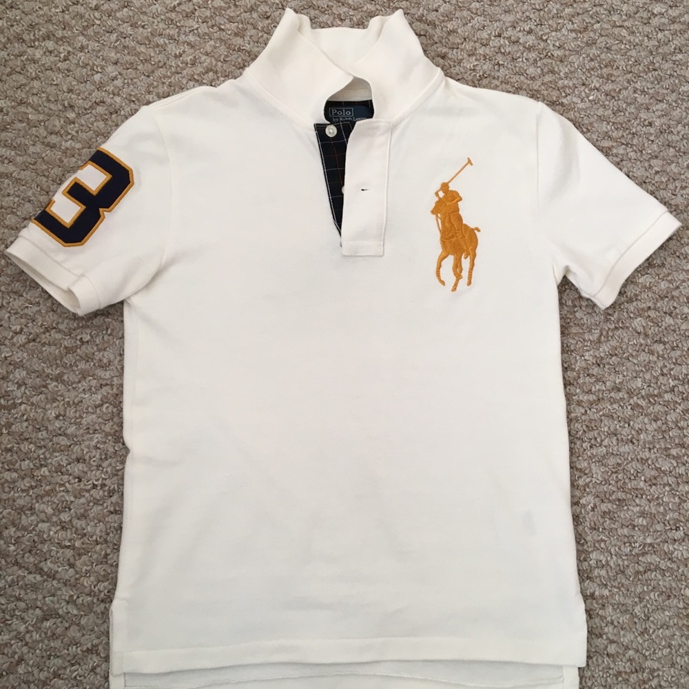 Polo by Ralph Lauren White Polo Shirt with Gold Pony & Navy Sleeve Patch